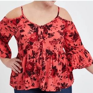 Torrid Cold Shoulder Blouse - Rayon Floral Coral